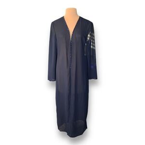 Delaru Boutique Swim Coverup Sheer Navy Longline Duster Cardigan Sequins Detail